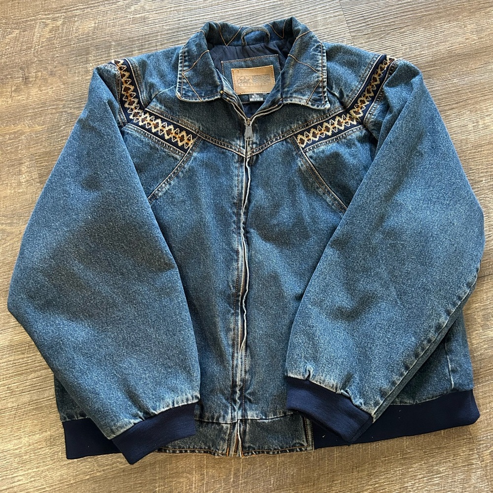 Carhartt Style Denim Zip-Up Jacket With Embroidered Accents